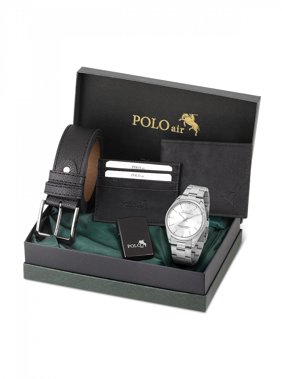 Klasik Metal Kordon Erkek Kol Saati Cüzdan Kemer Kartlık Çakmaklı Set Kombini Siyah Gümüş Renk Pl-7087E4