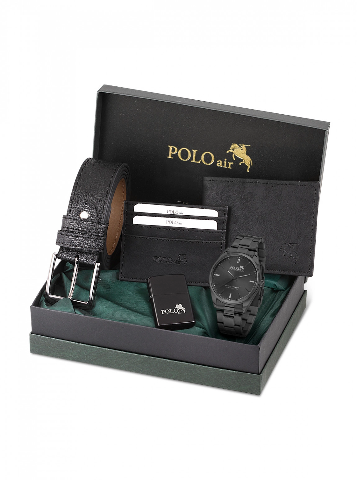 Klasik Metal Kordon Erkek Kol Saati Cüzdan Kemer Kartlık Çakmaklı Set Kombini Siyah Renk Pl-7087E1