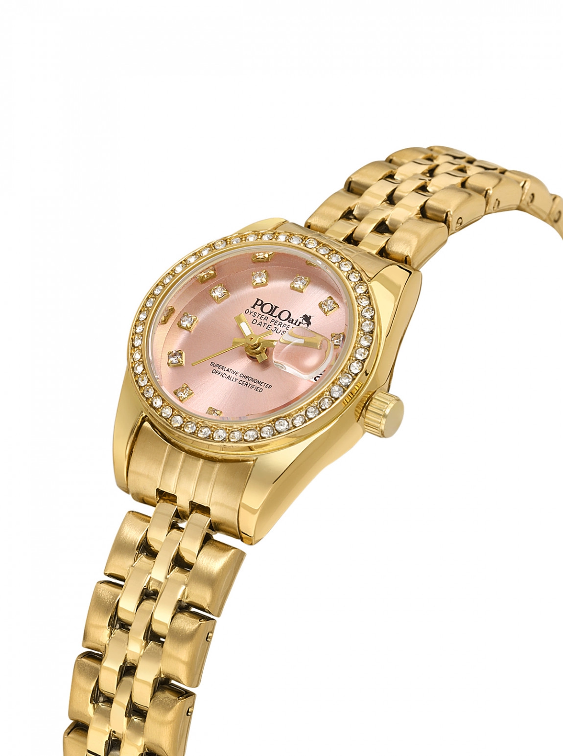 Mercek Takvimli Lüx Taşlı Kadın Kol Saati Gold Pembe Renk Pl-1613B10X