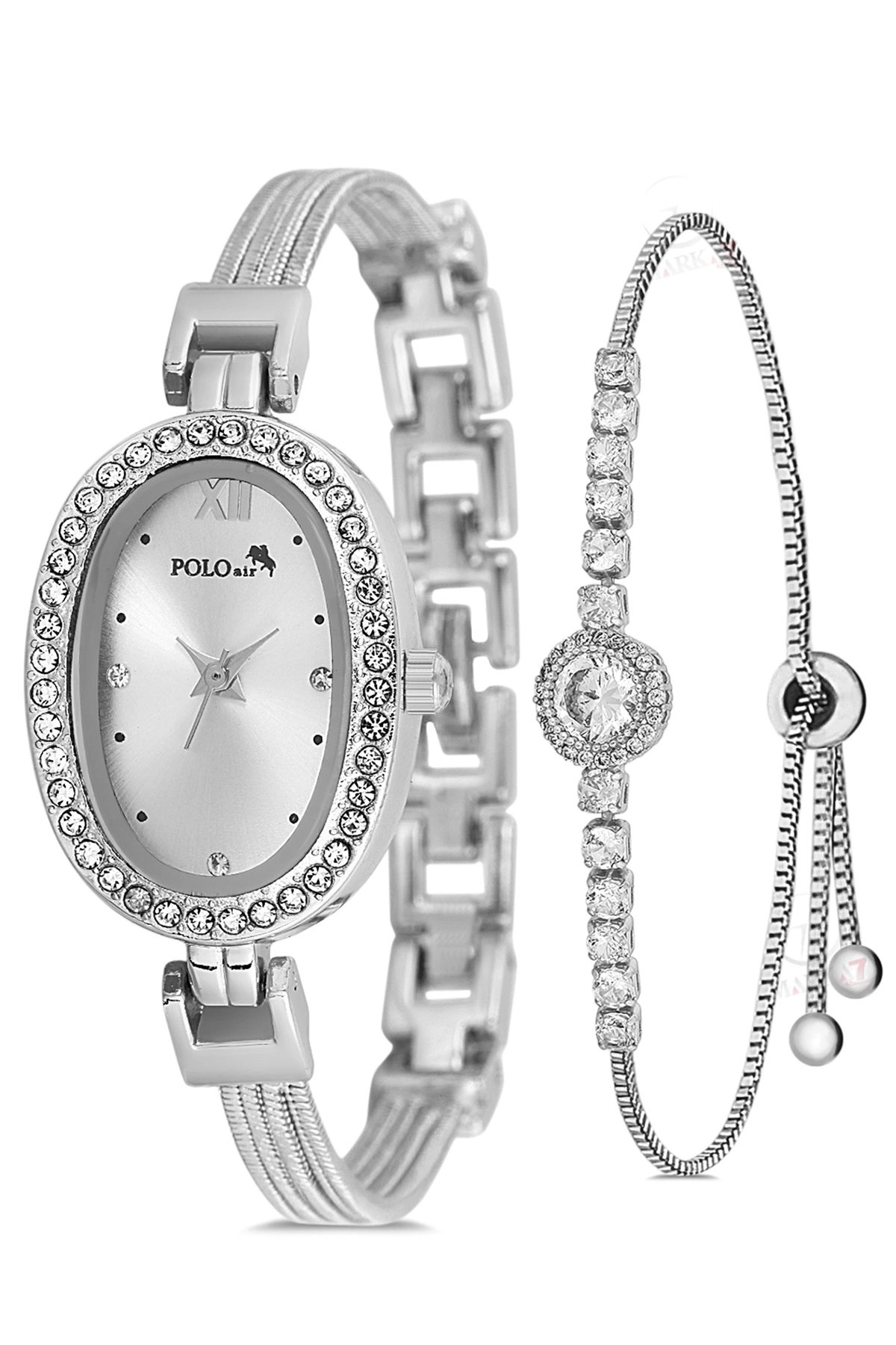 Oval Kasa Hasır Metal Kordon Kadın Kol Saati Zirkon Taşlı Yuvarlak Bileklik Gümüş Renk Pl-1546B2 Gümüş Pl-1546B2