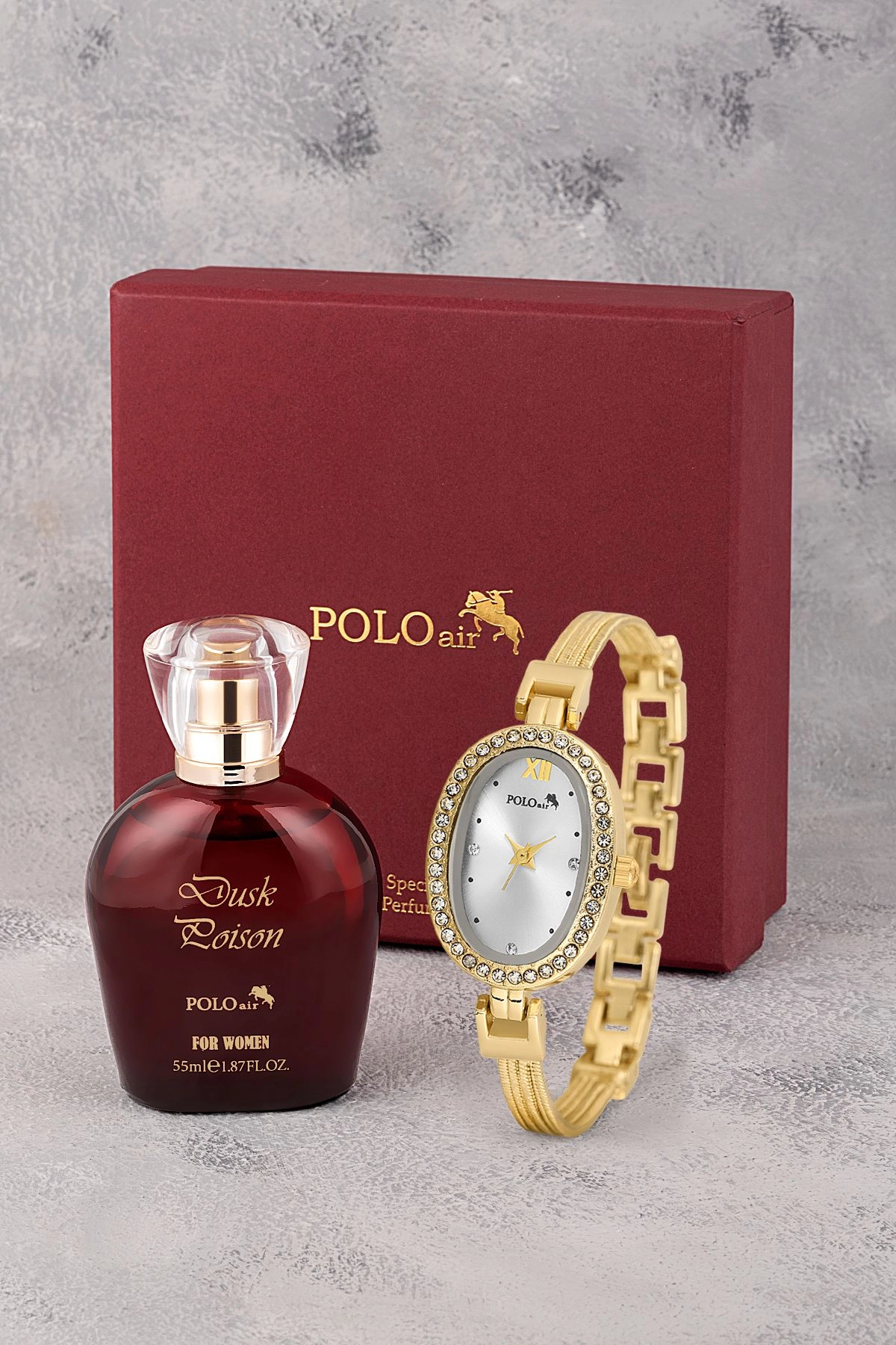Oval Kasa Kadın Kol Saati Parfüm Bordo Hediyelik Kutsunda Set Gold Renk St-2170S1 Gold St-2170S1