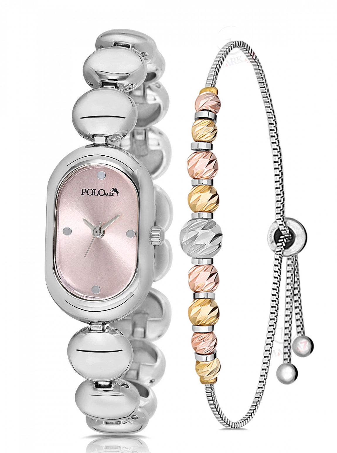 Oval Kasa Kadın Kol Saati Ve Dorika Bileklik Kombin Gümüş Pembe Renk Pl-1596B4