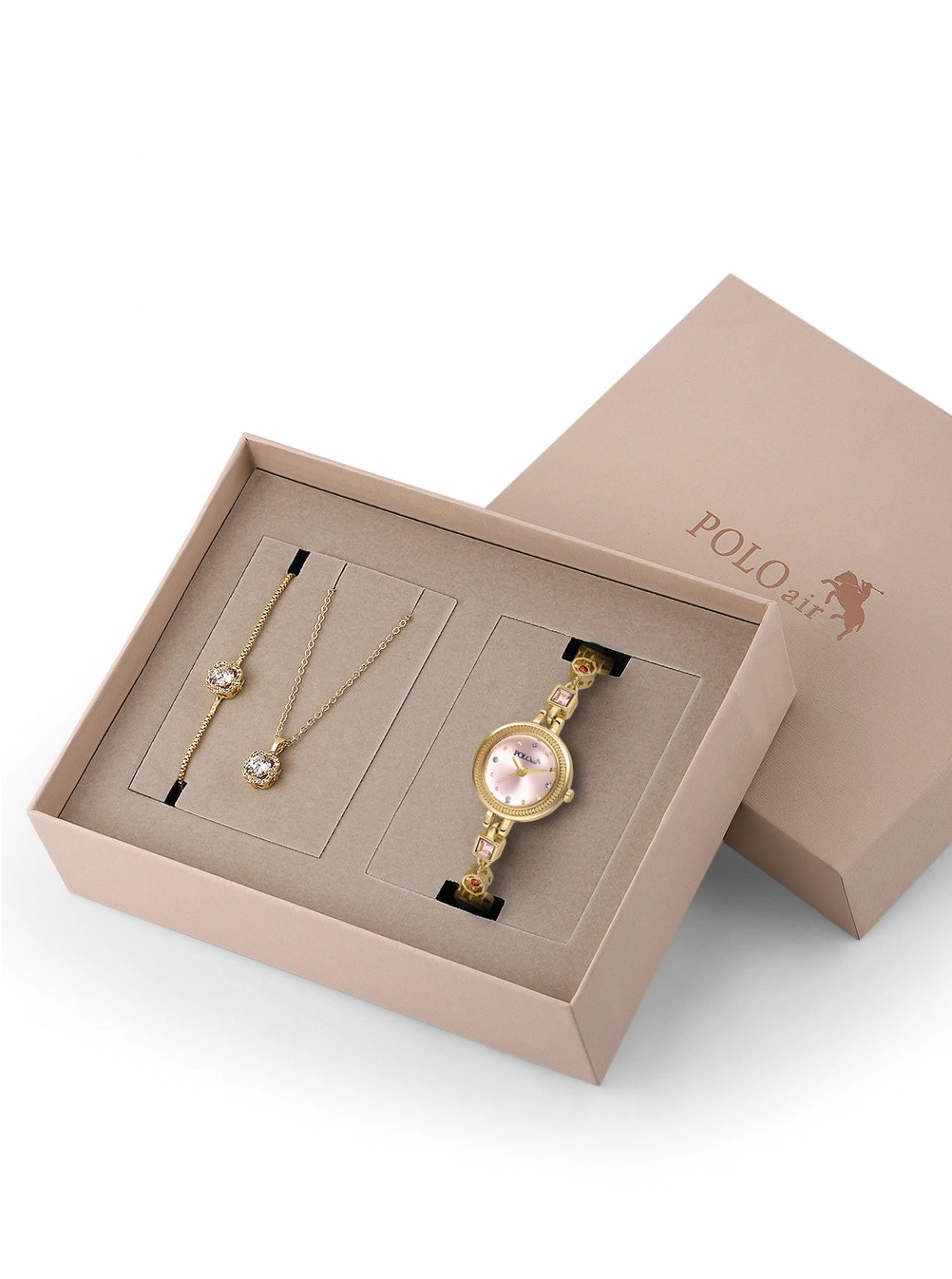 Pembe Renkli Taş Detaylı Kadın Kol Saati Ve Zirkon Taşlı Yuvarlak Kolye Bileklik Seti Gold Renk St-2227S1