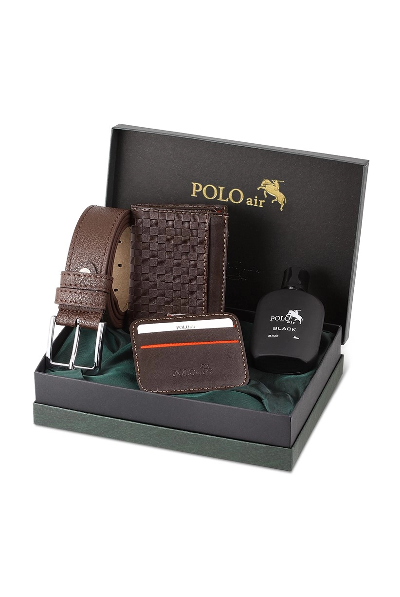 Polo Air Dama Desenli Kutulu Erkek Cüzdan Kemer Kartlık Parfüm Seti Kahverengi PM-13-K