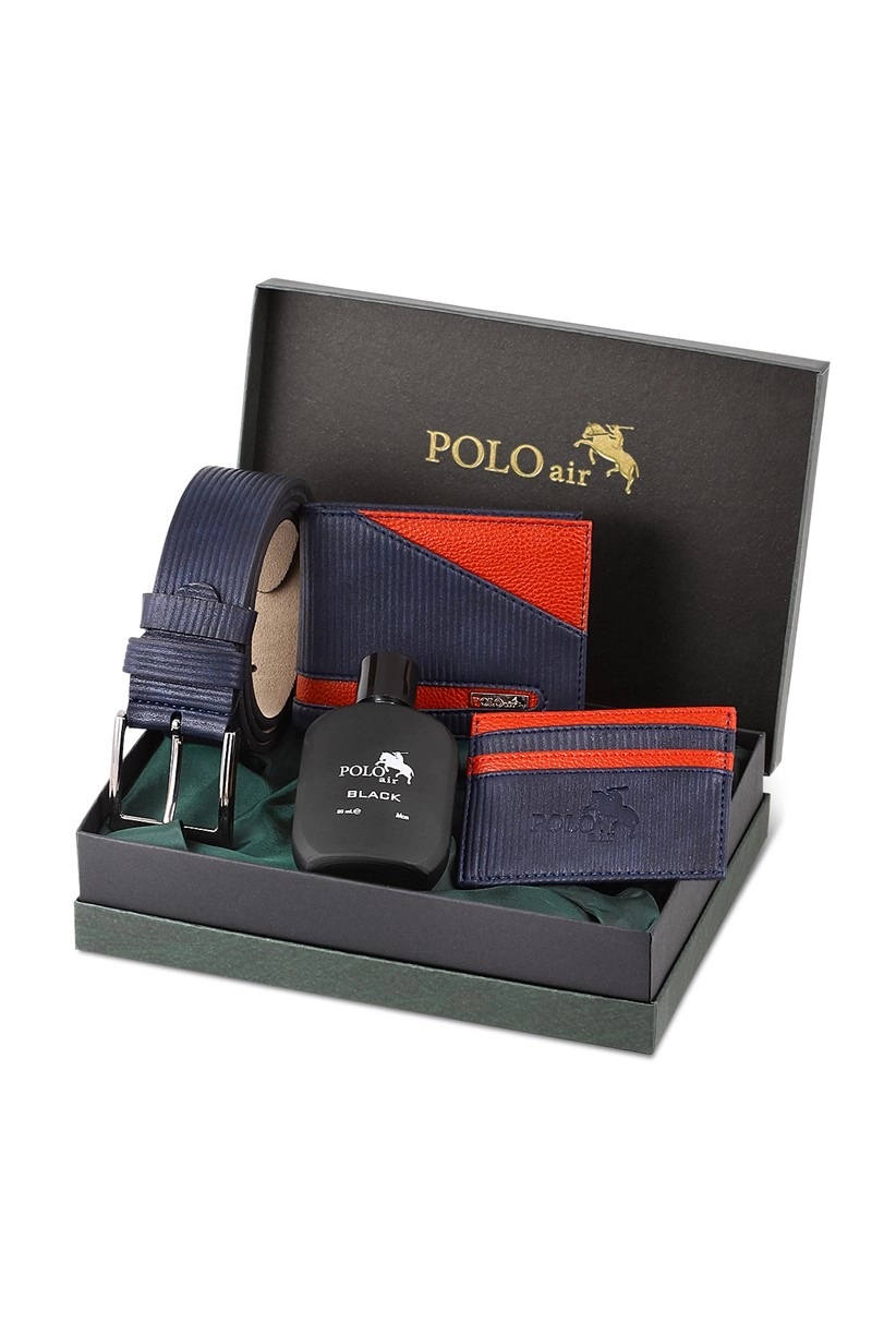 Polo Air Su Yolu Desen Cüzdan Kartlık Kemer Parfüm Seti Lacivert PM-15-L