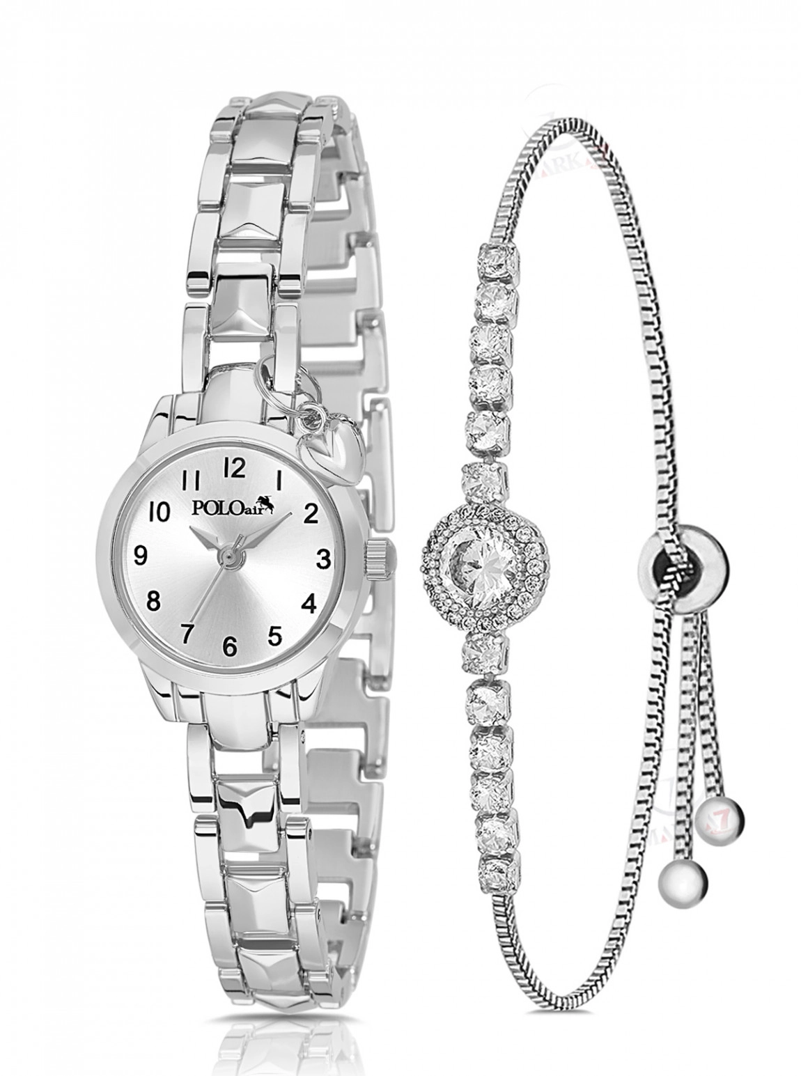 Rakamlı Klasik Kalp Charmlı Kadın Kol Saati Ve Zirkon Taşlı Yuvarlak Bileklik Kombin Gümüş Renk Pl-1603B2
