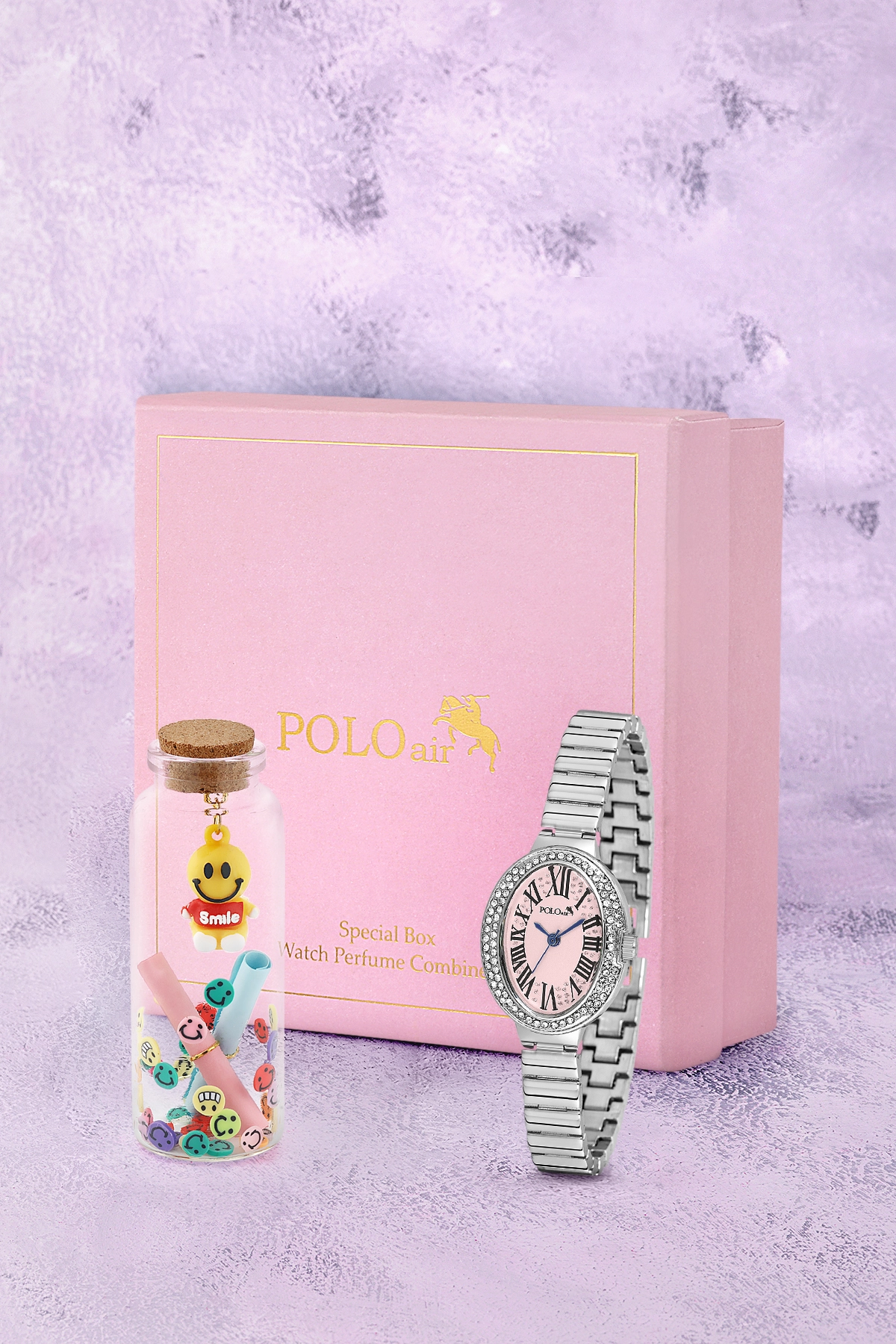 Romen Rakamlı Kadın Kol Saati Ve Smile Figürlü Özel Notlu Cam Dilek Şişe Gümüş Pembe Renk St-2186S3 Pembe St-2186S3