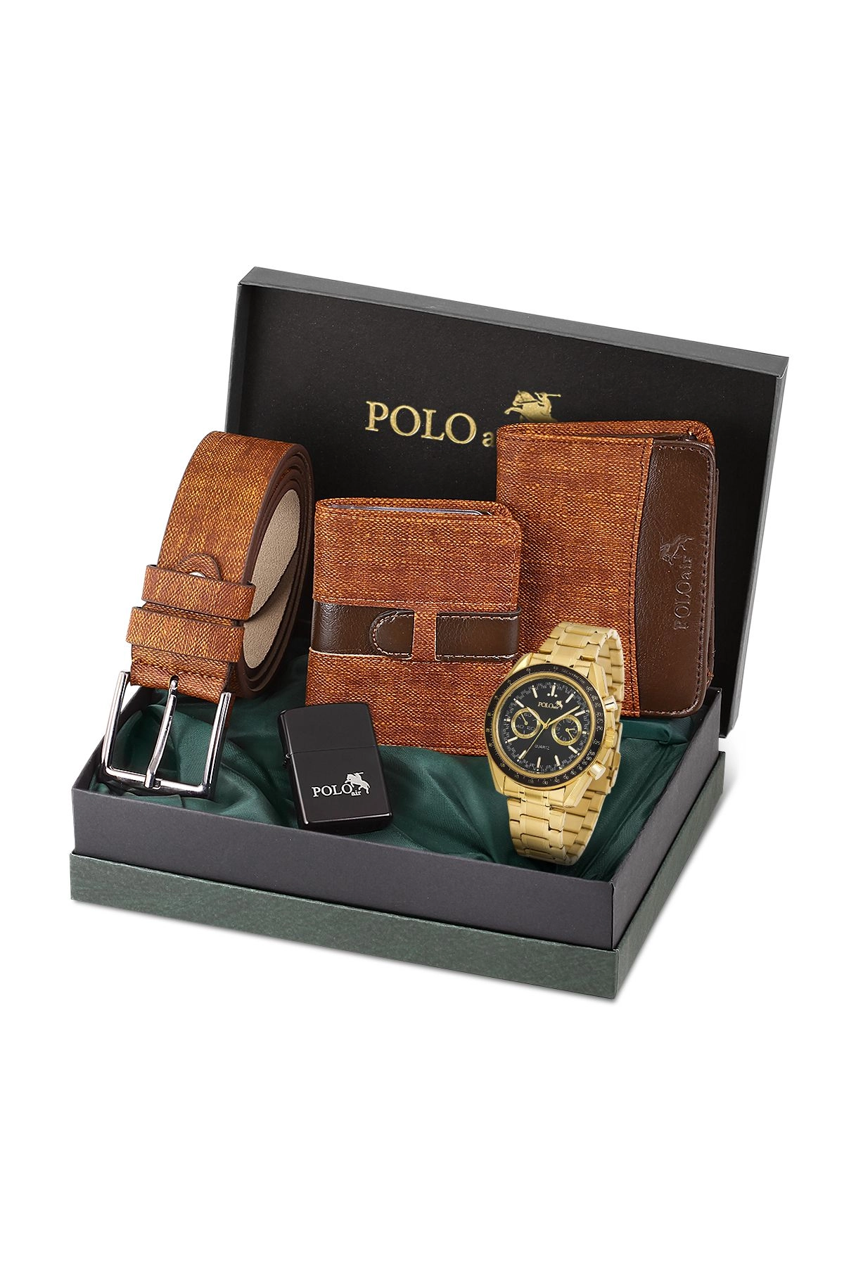 Spor Kasa Erkek Kol Saati Cüzdan Kemer Kartlık Çakmak Kombin Set Gold Taba Renk Pl-0991E4 Gold-Siyah-Taba Pl-0991E4