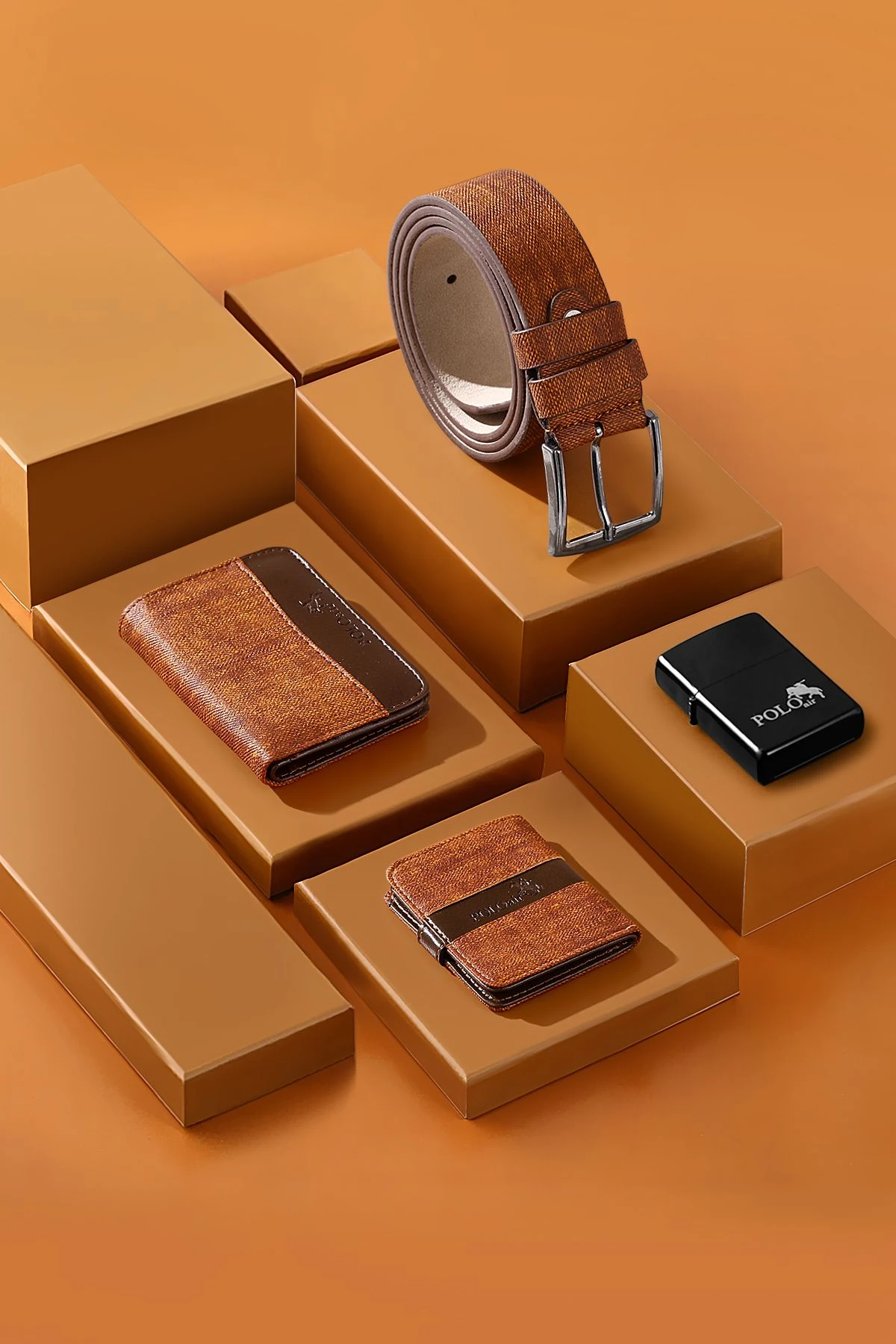 Spor Kasa Erkek Kol Saati Cüzdan Kemer Kartlık Çakmak Kombin Set Gold Taba Renk Pl-0991E4 Gold-Siyah-Taba Pl-0991E4