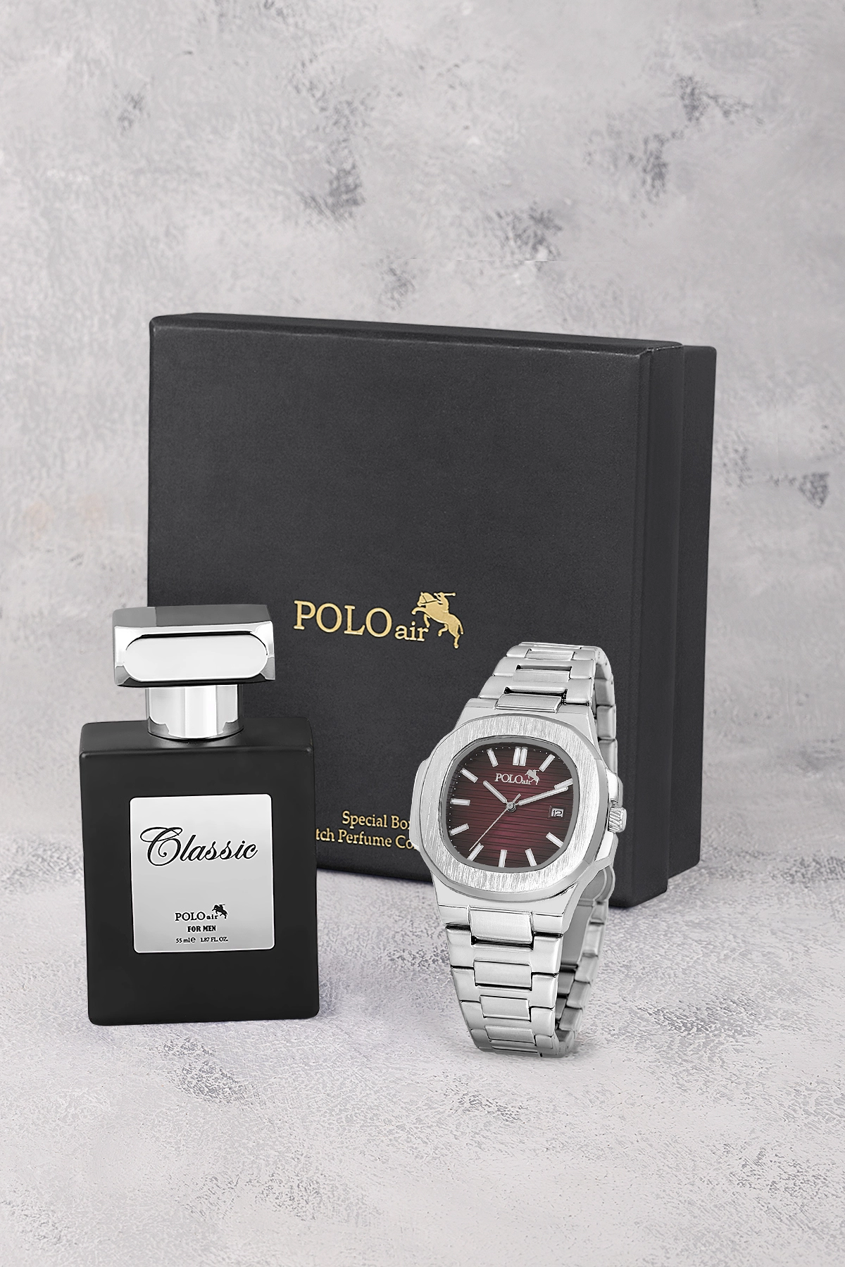 Takvimli Erkek Kol Saati Ve 55Ml Parfüm Hediyelik Kutusunda Siyah Set Gümüş Bordo Renk St-5009E8 Bordo St-5009E8