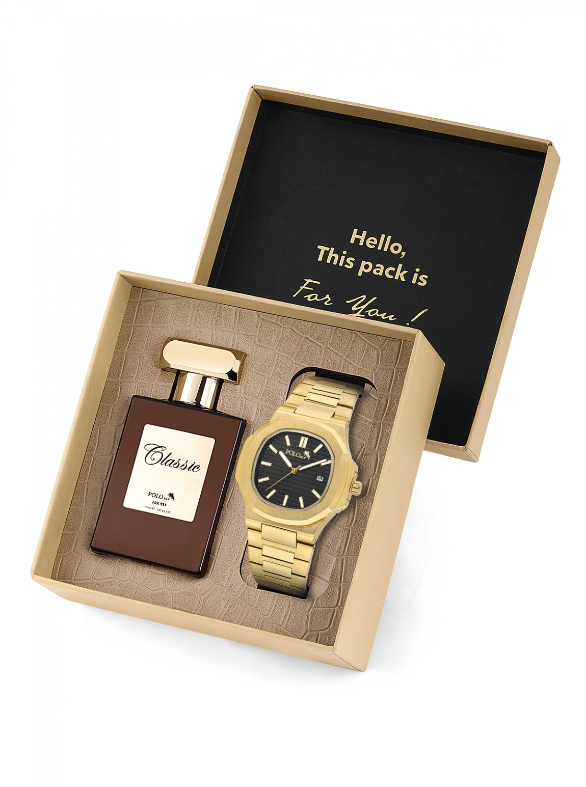 Takvimli Premium Çift Klipsli Erkek Kol Saati Ve 55 Ml Parfüm Seti Gold Siyah Renk St-5025E5