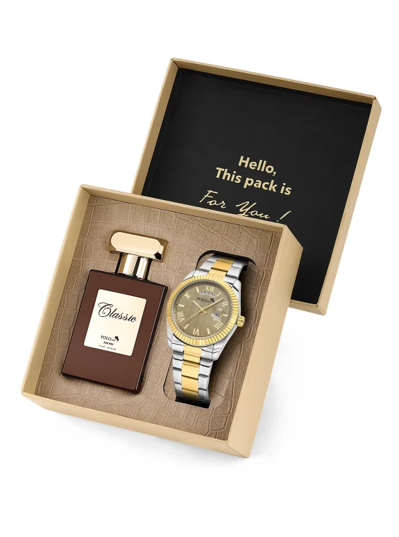 Ay Gün Gösterge Takvimli Erkek Kol Saati Ve 55 Ml Parfüm Seti Gold Gümüş Renk St-5014E9 Altın St-5014E9