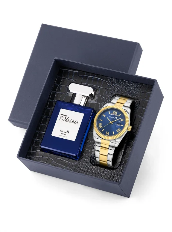 Ay Gün Gösterge Takvimli Erkek Kol Saati Ve 55 Ml Parfüm Seti Gümüş Gold Lacivert Renk St-5014E7 Çok Renkli St-5014E7