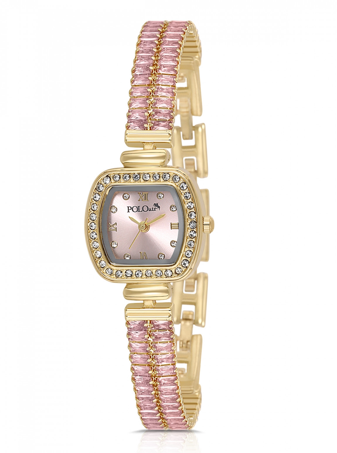 Baget Taşlı Kordon Kare Kasa Şık Kadın Kol Saati Gold Pembe Renk Pl-1620B5X