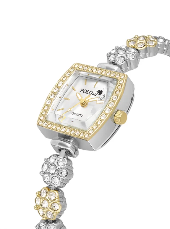 Çiçek Taşlı Kordon Kadın Kol Saati Oval Bileklik Kombin Gold Gümüş Renk Pl-1583B1 Altın Pl-1583B1
