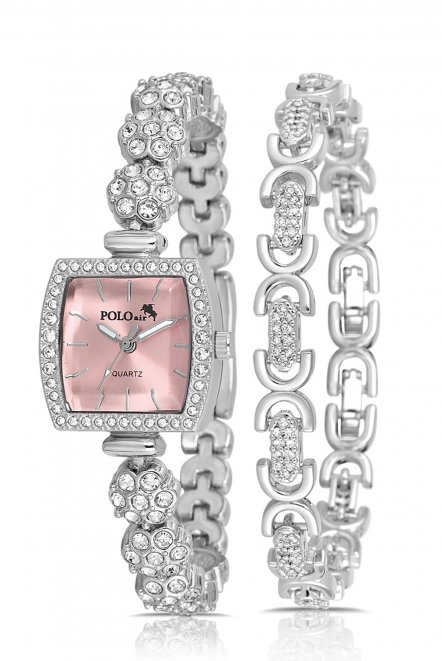 Çiçek Taşlı Kordon Kadın Kol Saati Oval Bileklik Kombin Gümüş Pembe Renk Pl-1583B3 Pembe Pl-1583B3