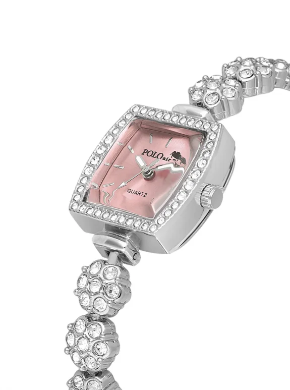 Çiçek Taşlı Kordon Kadın Kol Saati Oval Bileklik Kombin Gümüş Pembe Renk Pl-1583B3 Pembe Pl-1583B3
