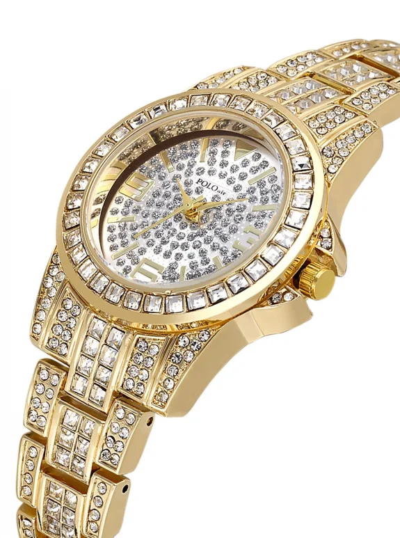 Çift Klips Lüx Taşlı Kadın Kol Saati Zirkon Taşlı Baget Bileklik Kombin Gold Renk Pl-1551B1 Gold Pl-1551B1