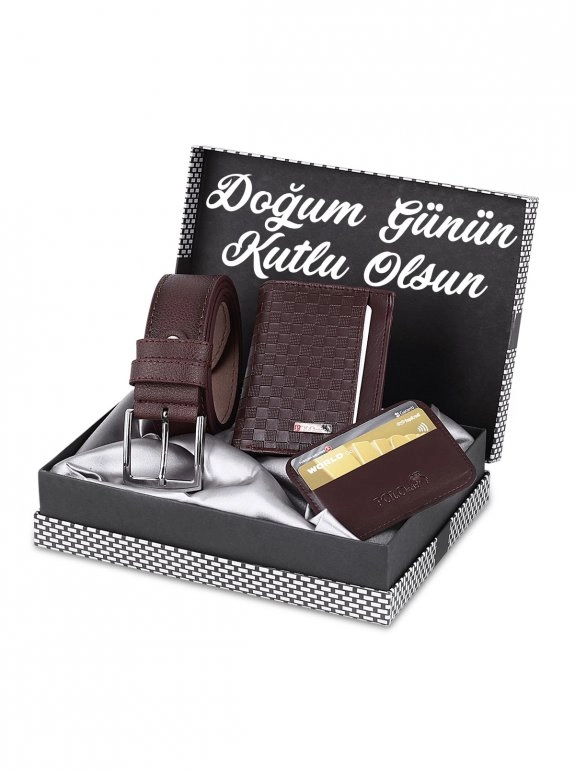 Doğum Günün Kutlu Olsun Yazılı Damalı Ve Kutulu Erkek Set Kemer Cüzdan Kartlık Kombin Kahve