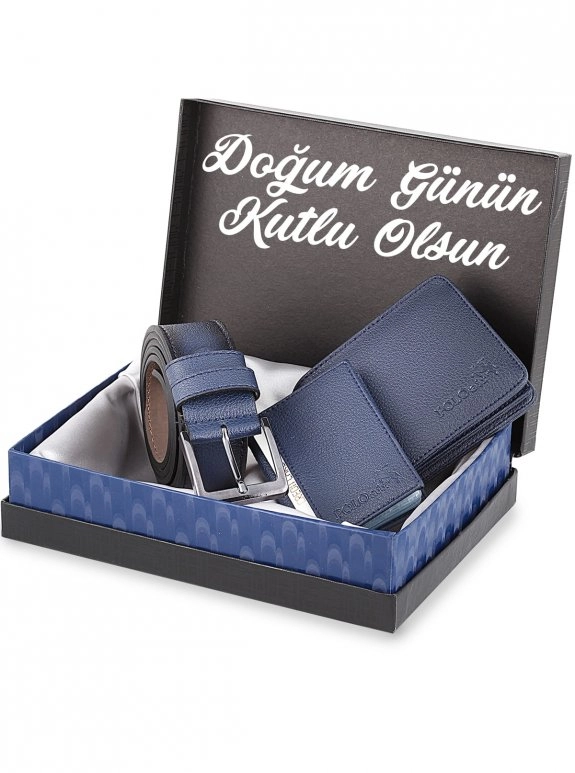Doğum Günün Kutlu Olsun Yazılı Klasik Kutulu Erkek Set Kemer Cüzdan Kartlık Kombin Lacivert