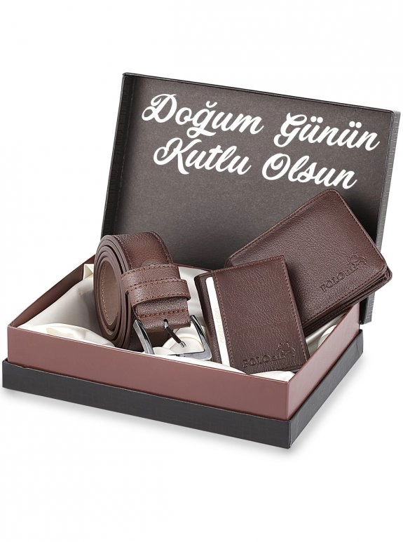 Doğum Günün Kutlu Olsun Yazılı Klasik Model Erkek Set Kemer Cüzdan Kartlık Kombin Kahve