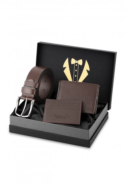 Erkek Damat Çeyiz Bohçası %100 Hakiki Deri Cüzdan Kartlık Kemer Seti Kahverengi Renk Dm-8002-K Kahverengi Dm-8002-K