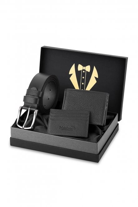 Erkek Damat Çeyiz Bohçası %100 Hakiki Deri Cüzdan Kartlık Kemer Seti Siyah Renk Dm-8002-S Siyah Dm-8002-S