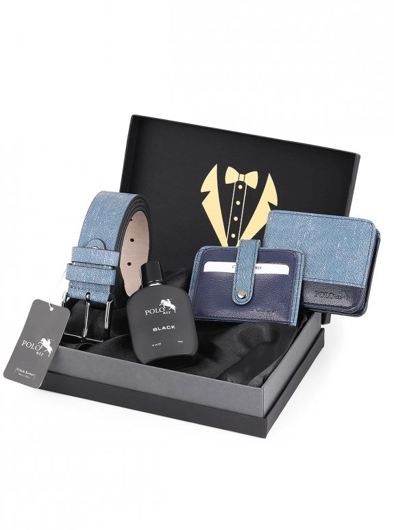 Erkek Damat Çeyiz Kravatlı 4'Lü Spor Şık Set: Kemer, Cüzdan, Kartlık, Parfüm