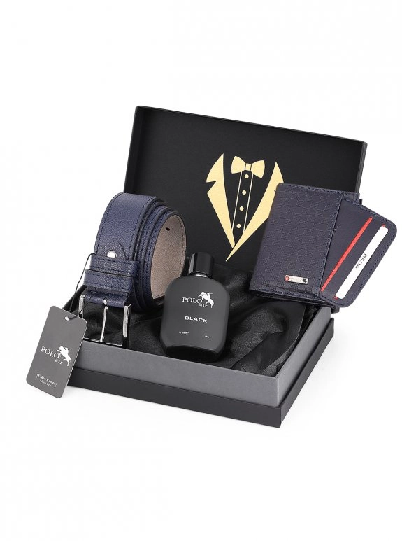 Erkek Damat Çeyiz Kravatlı Kutuda 4'Lü Dama Şık Set: Kemer, Cüzdan, Kartlık, Parfüm