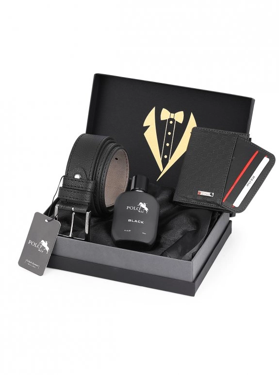 Erkek Damat Çeyiz Kravatlı Kutuda 4'Lü Dama Şık Set: Kemer, Cüzdan, Kartlık, Parfüm