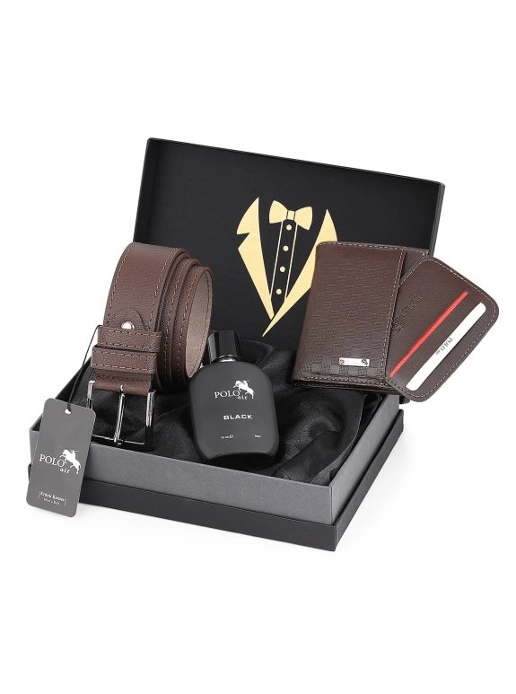 Erkek Damat Çeyiz Kravatlı Kutuda 4'Lü Dama Şık Set: Kemer, Cüzdan, Kartlık, Parfüm
