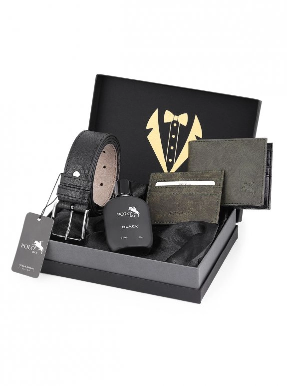 Erkek Damat Çeyiz Kutulu 4'Lü Profesyonel Koleksiyon Set: Kemer, Cüzdan, Kartlık, Parfüm