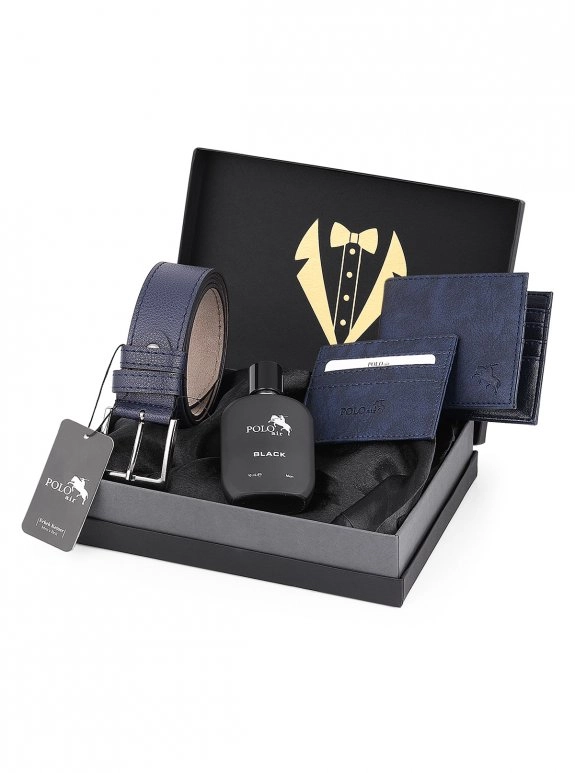 Erkek Damat Çeyiz Kutulu 4'Lü Profesyonel Koleksiyon Set: Kemer, Cüzdan, Kartlık, Parfüm