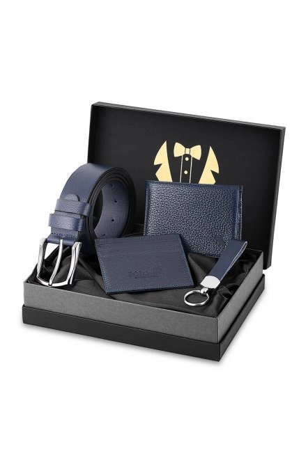 Erkek Damat Seti %100 Hakiki Deri Cüzdan Kartlık Kemer Anahtarlık Kombin Lacivert Renk H-Dm-8002-L Lacivert H-Dm-8002-L