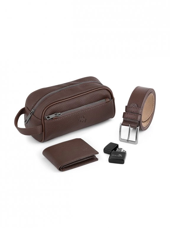 Erkek El Çantası Cüzdan Kemer Çakmak Set Kahverengi Kombin Cn-31-K