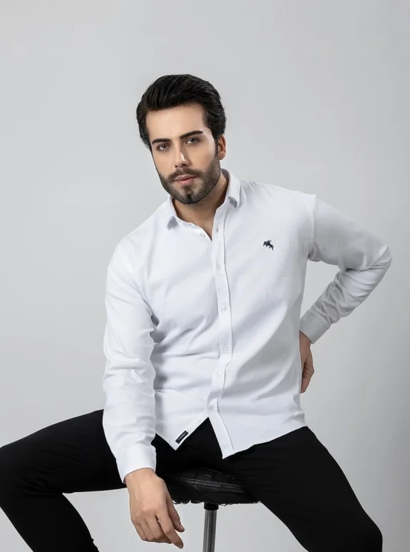 Erkek Gömlek Slimfit Likralı Kumaş Uzun Kol PA-180 Beyaz Renk Lacivert Logo PA-180-BS