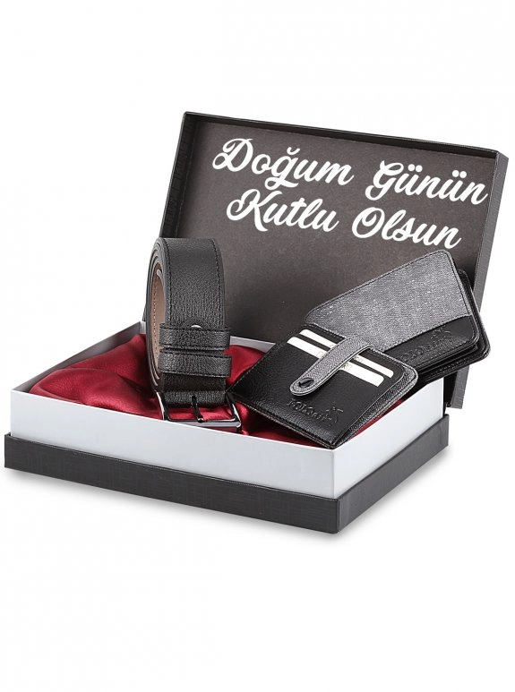 Erkek Gri Doğum Günün Kutlu Olsun Yazılı Kutulu Set Kemer Cüzdan Kartlık Kombin