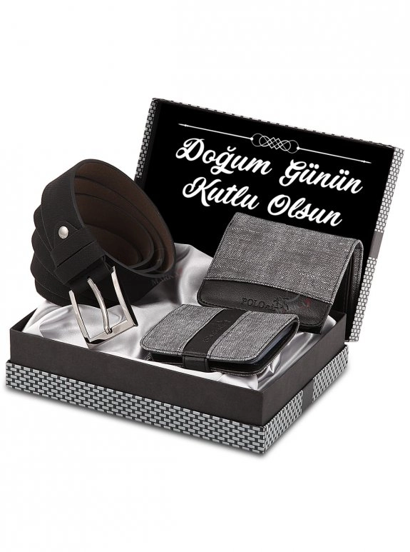 Erkek Gri Doğum Günün Kutlu Olsun Yazılı Set Kemer Cüzdan Kombin