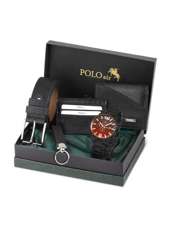 Erkek Kombin Set Kol Saati Cüzdan Kartlık Kemer Anahtarlık Özel Kutusunda Siyah Set PL-0793E1 PL-0793E1