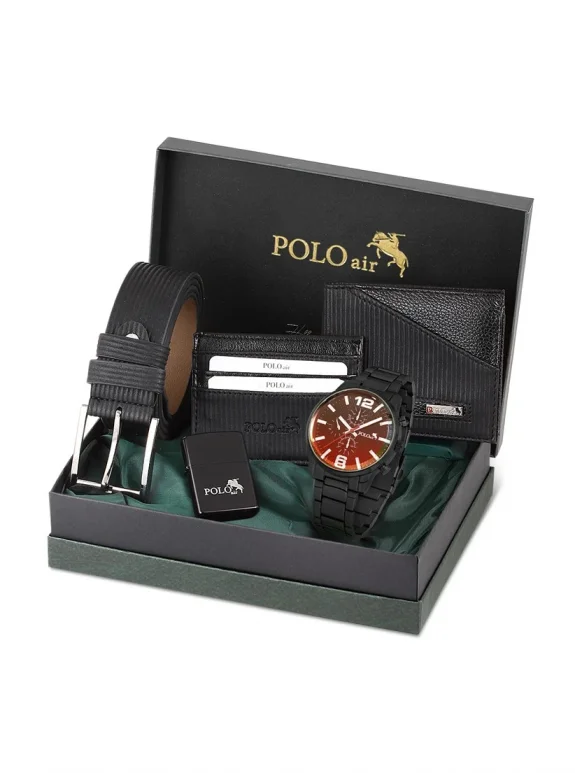 Erkek Kombin Set Kol Saati Cüzdan Kartlık Kemer Çakmak Özel Kutusunda Siyah Set PL-0794E1 PL-0794E1
