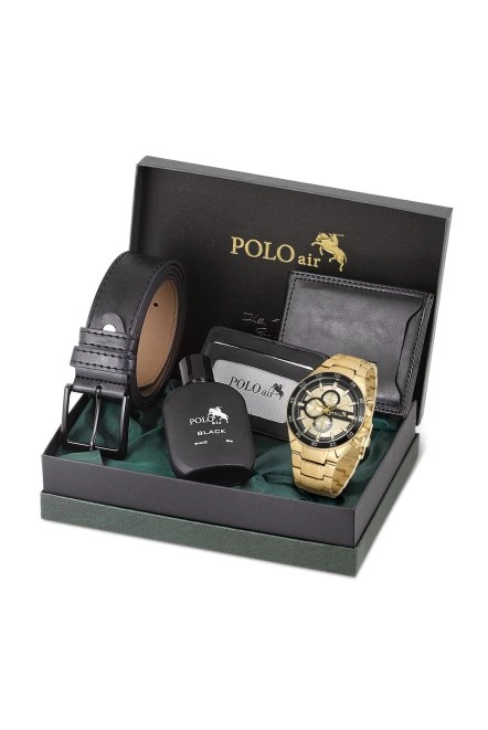 Erkek Set Kombin Kemer Cüzdan Kartlık Parfüm Kol Saati Hediyelik Kutusunda Siyah Gold Set Pl-0961E6 Siyah-Gold Pl-0961E6