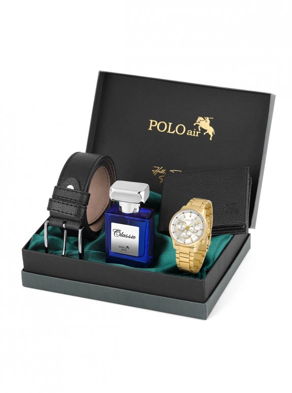 Erkek Set Kombin Kemer Cüzdan Parfüm Kol Saati Hediyelik Kutusunda Siyah Set Pl-0968E5