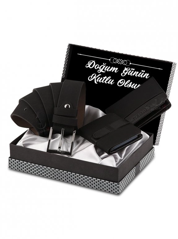 Erkek Siyah Doğum Günün Kutlu Olsun Yazılı  Kemer Cüzdan Kartlık Kombin Set