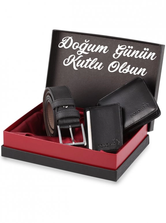 Erkek Siyah Doğum Günün Kutlu Olsun Yazılı Klasik Kutulu Set Kemer Cüzdan Kartlık Kombin