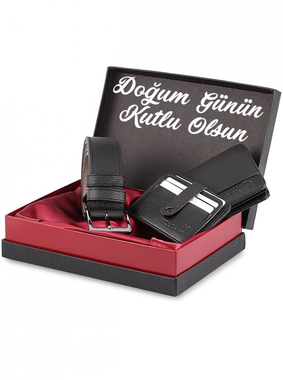 Erkek Siyah Doğum Günün Kutlu Olsun Yazılı Kutulu Kemer Cüzdan Kartlık Kombin Set