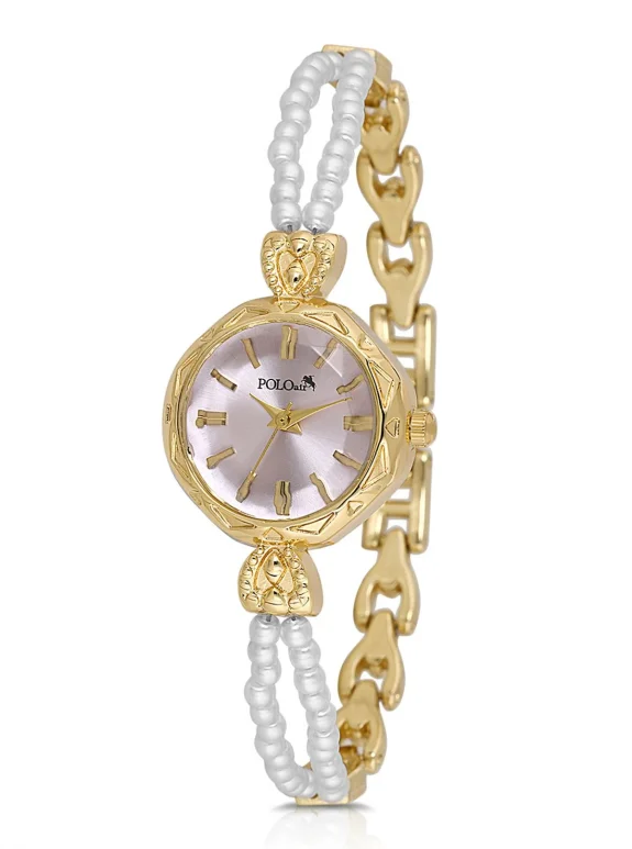 İki Inci Taşlı Görünümlü Kordon Kadın Kol Saati Beyaz Gold Lila Renk Pl-1531B7X Gold-Lila Pl-1531B7X