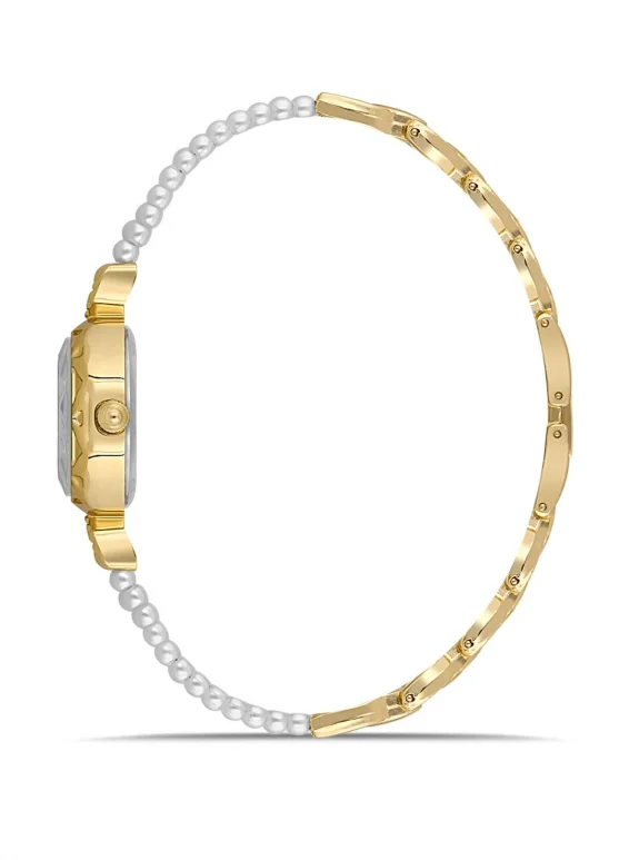 İki Inci Taşlı Görünümlü Kordon Kadın Kol Saati Beyaz Gold Mavi Renk Pl-1531B8X Mavi-Gold Pl-1531B8X