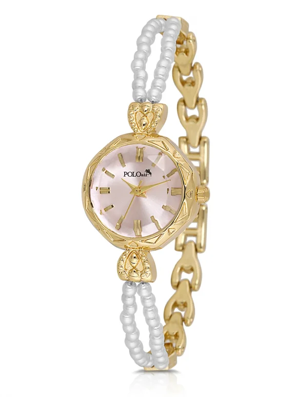 İki Inci Taşlı Görünümlü Kordon Kadın Kol Saati Dorika Bileklik Kombin Gold Pembe Renk Pl-1531B6 Pembe Pl-1531B6