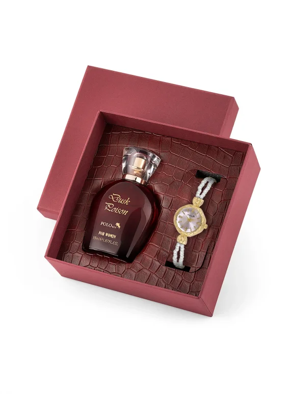 İnci Taşlı Görünümlü Kordon Kadın Kol Saati Parfüm Bordo Kutsunda Set Gold Lila Renk St-2174S7 Mor St-2174S7