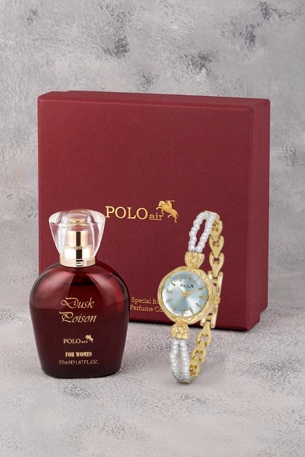 İnci Taşlı Görünümlü Kordon Kadın Kol Saati Parfüm Bordo Kutsunda Set Gold Mavi Renk St-2174S8 Mavi St-2174S8